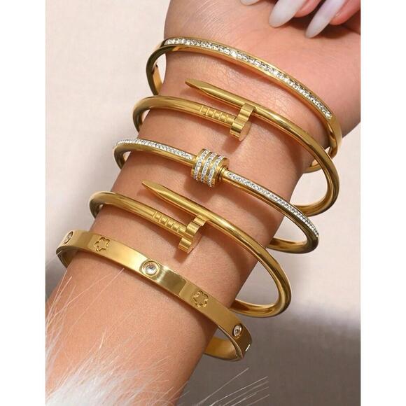 18K Gold Plated Rhinestones Bangle Stainless Steel Bracelet Womens Jewelry Gift - Picture 8 of 8